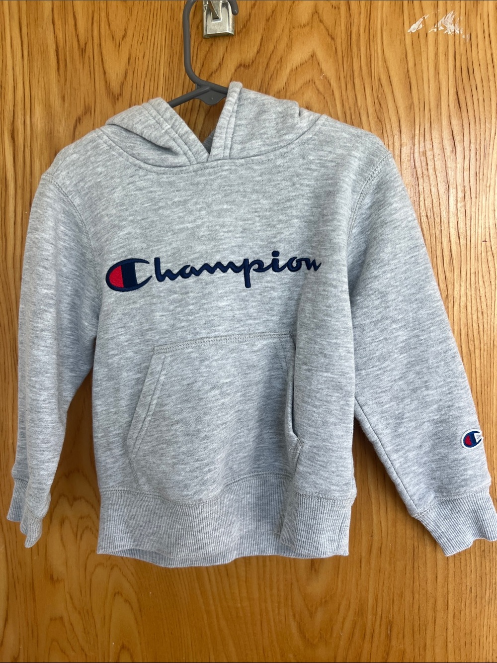 Champion Heather Gray Hoodie with Navy Script and Red Emblem